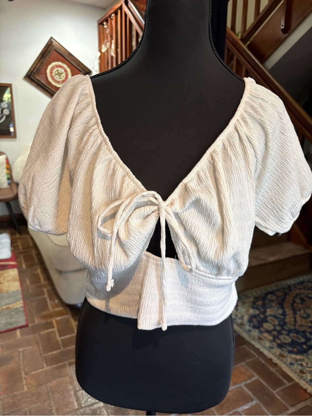 American Eagle Women's Cream Tie-Front Puff Sleeve Top